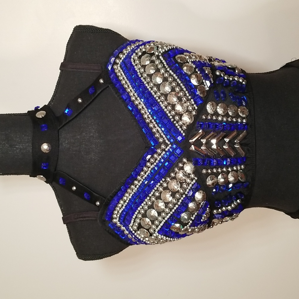 Glamour Dance Costume Black Blue Silver rhinestone adult L 2 piece - Picture 3 of 8